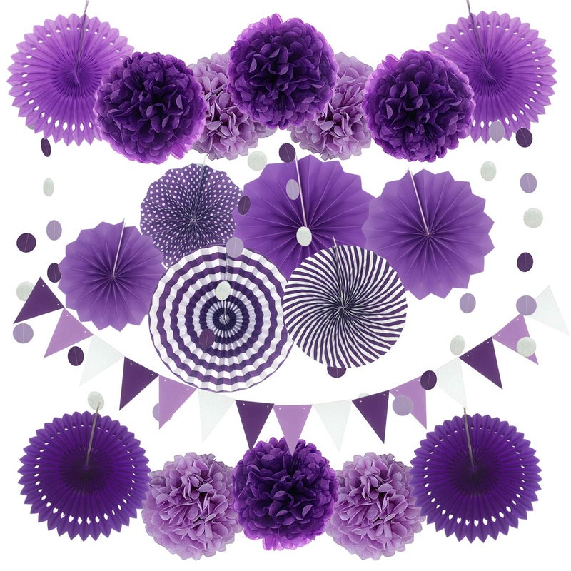 ZERODECO Party Decoration, 21 Pcs Purple and Lavender Hanging Paper Fans, Pom Poms Flowers, Garlands String Polka Dot and Triangle Bunting Flags for Birthday Parties, Wedding, Mermaid Party - Image 1